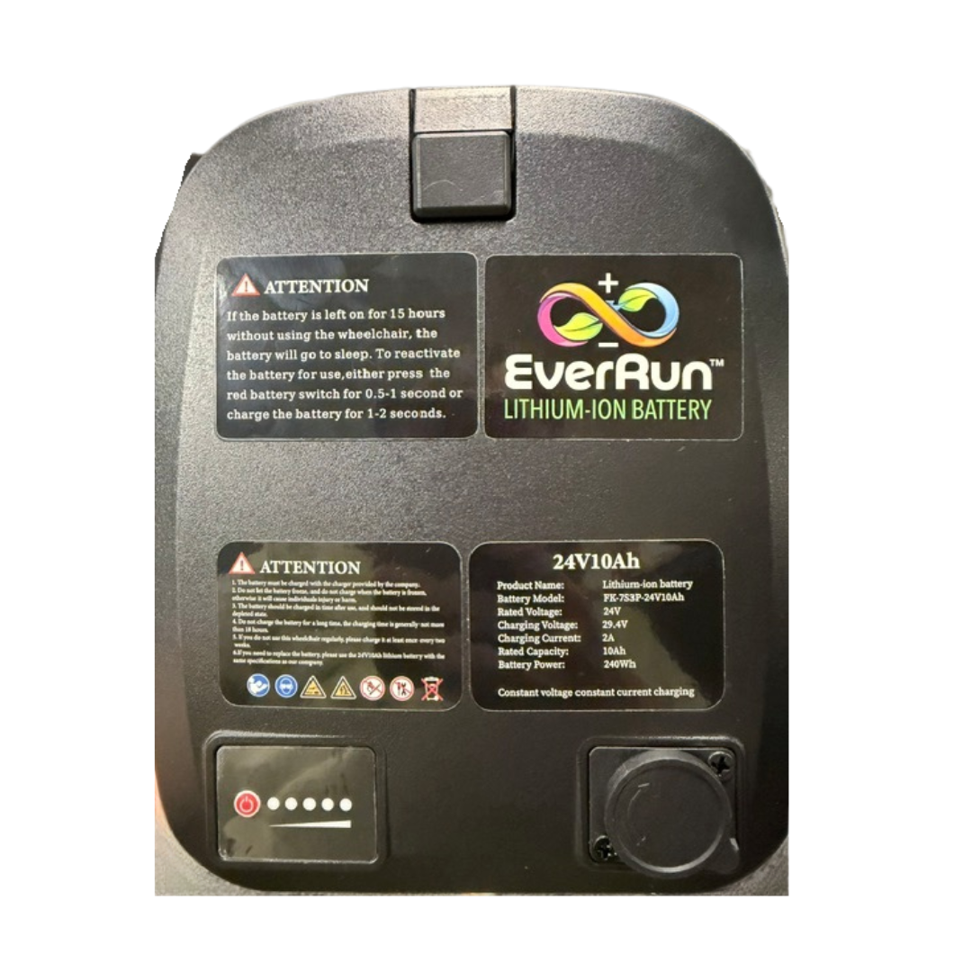 Close-up of a Battery For Golden Cricket LT GP309 Powerchair, featuring warning labels, specifications, and a power button. Text instructions and contact information are clearly shown on the battery’s flat black surface. This removable wheelchair battery is designed for convenience and reliability.